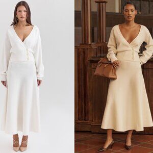 House of CB 'Solara' Ivory Wool Mix Flared Midi Skirt NWOT